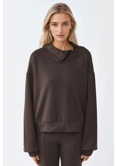 Hiccup Busem Rahat Kesim Fermuarlı Yaka Sweatshirt Kahve Kahvesi