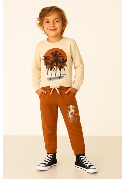 Veramoni Tropical Baskılı Uzun Kollu Lastikli Bel Cepli Unisex Çocuk Alt Üst Takım Kahverengi