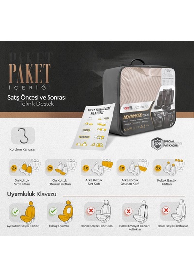 Advanced Design Özel Tasarım Premium Deri-Keten Ekstra Destekli Universal Oto Koltuk Kılıfı Tam Set