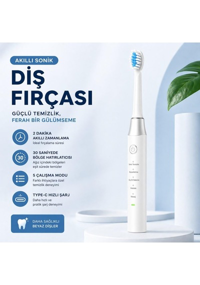 Akıllı Sonik Diş Fırçası 15000 Titreşim/dk 5 Modlu Şarjlı Elektrikli Diş Fırçası Type-c Hızlı Şarj