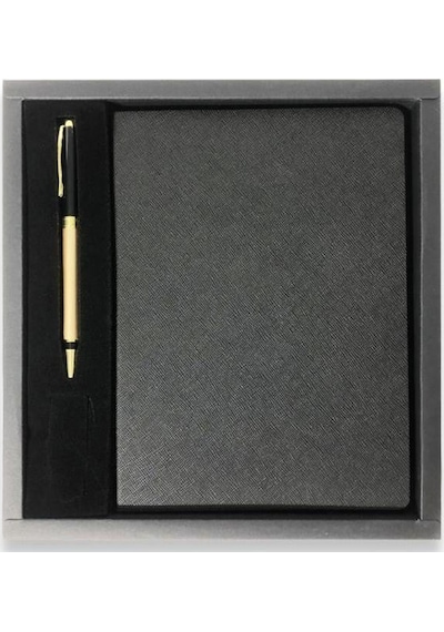 Siyah Vip Set - 15X21 Yaldız Kenar Not Defteri - Metal