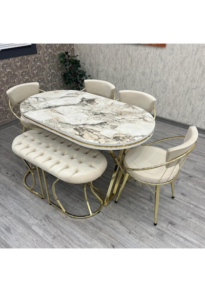 Mutfak Masa Sandalye Takımı Selenit 80-140 Oval Gold 6 Kişilik Benchli Mutfak Masası Takımı Gold Mutfak Masa Sandalye Takımı Selenit 80-140 Oval Gold 6 Kişilik Benchli Mutfak Masası Takımı Gold