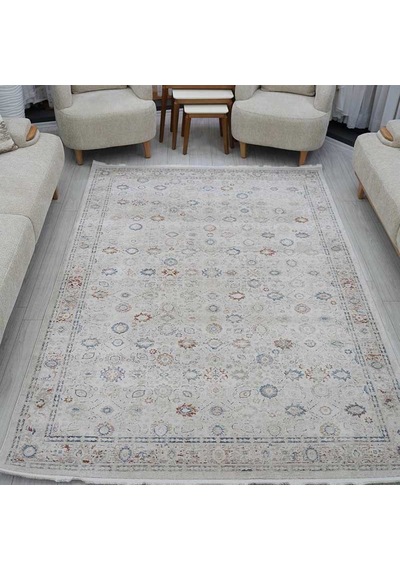 Otantik Modern Eskitme Saçaklı Dokuma Salon Halısı Krem Mavi Kiremit 200x290 Cm 1
