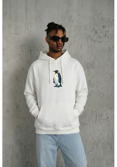 Barlashive Erkek Survivor Penguin Baskılı 3 İplik Pamuklu Kapüşonlu Sweatshirt Hoodie Beyaz Çok Renkli