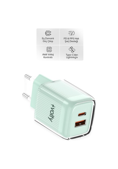 Hızlı Şarj Adaptörü 35w Gan + Lightning Kablo 30w Pd Usb-c&usb-a, Tablet&telefon Yeşil-v0102019