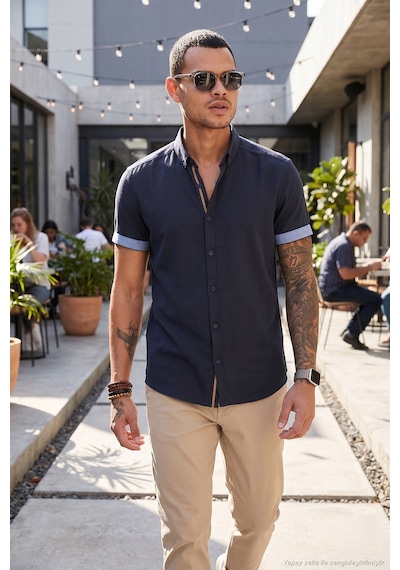 Buratti Pamuklu Slim Fit Düğmeli Yaka Kısa Kollu Erkek Gömlek Cf21S112546 Lacivert