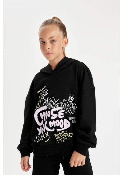 DeFacto Kız Çocuk Siyah Oversize Geniş Kalıp Kapüşonlu Baskılı Sweatshirt D0614A824AUBK81 Siyah