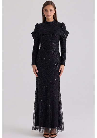 Olcay İnci Ve Pul Desenli Exclusive Tesettür Abiye Elbise Siyah 1090