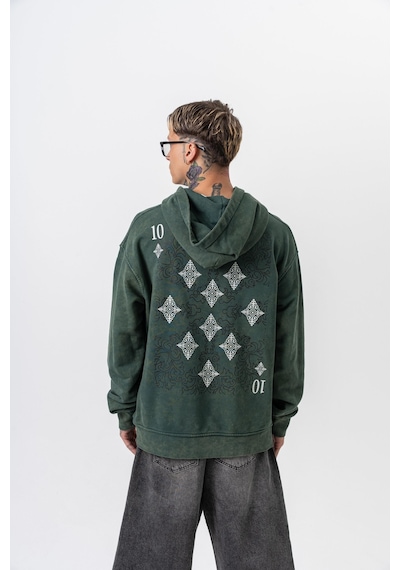 Respire Erkek 10 Baskılı Yıkamalı Kapüşonlu Oversize Hoodie Yeşil