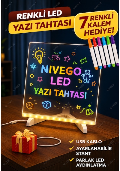 Nvg 12 İnç Led Işıklı Çizim Tahtası 20x30 Cm Usb Beslemeli Yazı Panosu Ayarlanabilir Stant 7 Renk Kalem Hediyeli Eğitici Oyuncak Şeffaf