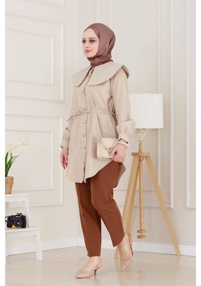 Sevitli Beli Bağcık Detaylı Geniş Yaka Tunik-vizon-4987 Vizon