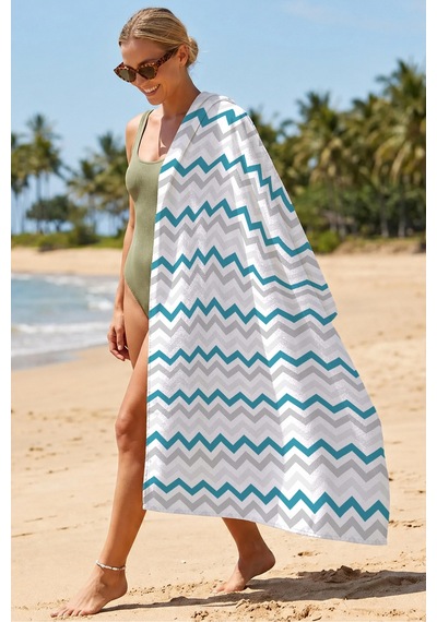 Zigzag Geometrik Modern Plaj Havlusu - Turkuaz Gri Minimalist Hızlı Kuruyan Mikrofiber Havlu Kül Ada