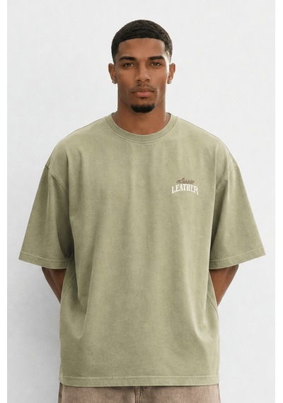 Respire Erkek Leather Baskılı Oversize T-shirt Haki