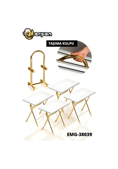 Eranş Serisi 4'lü Katlanır Mdf Mebran Ahşap Çanta Zigon Sehpa Gold Ayak Beyaz Desen Gold Ayak