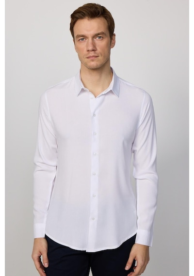 Tudors Slim Fit Uzun Kollu Dar Kesim Dökümlü Viskon Şık Erkek Beyaz Gömlek-26909 Beyaz