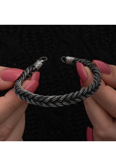 Premium 1000 Ayar İthal Gümüş Kazaziye Örgü Bileklik Gümüş - Siyah 60814161