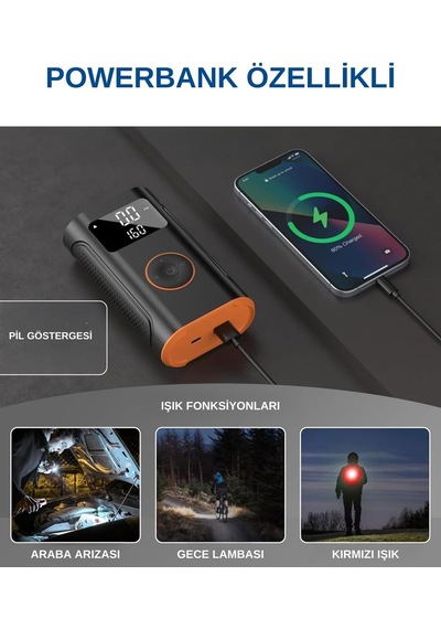 Tr Taşınabilir Şarjlı Araç Oto Lastik Şişirme Pompası Kompresör 160 Psı Powerbank Işıklı Ys02p Diğer