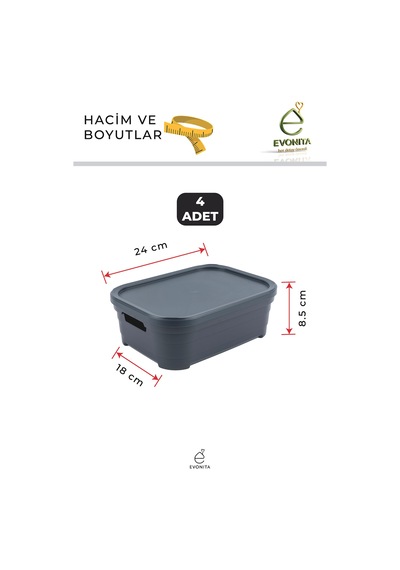 4 Adet 2.8 Lt Kapaklı Saklama Kutusu Organizer Dolap İçi Düzenleyici İstiflenebilir Kutu Set Renkli