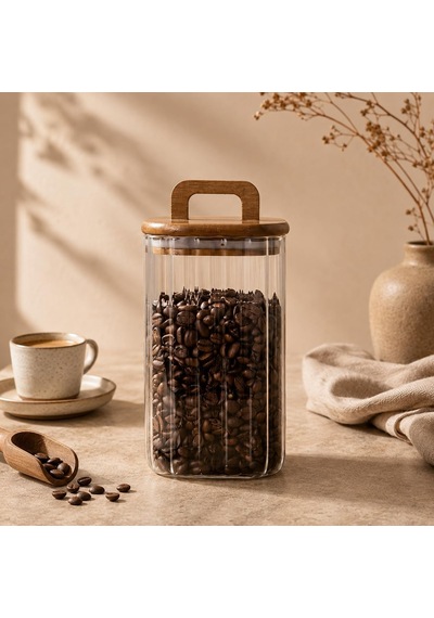 700 Ml Ahşap Kapaklı Ve Saplı Kare Oluklu Cam Kahve Saklama Kavanozu, Şeffaf Erzak Kabı, Kahve Çekirdeği, Kuruyemiş, Şeker, Bakliyat Ve Mutfak Saklama Kabı Çok Renkli