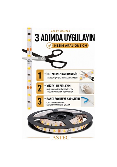 Astec Mutfak Dolabı Tezgah Üstü İçin 5 Metre Amber Renk 12v Adaptörlü Aç Kapa Anahtarlı Şerit Led Işık