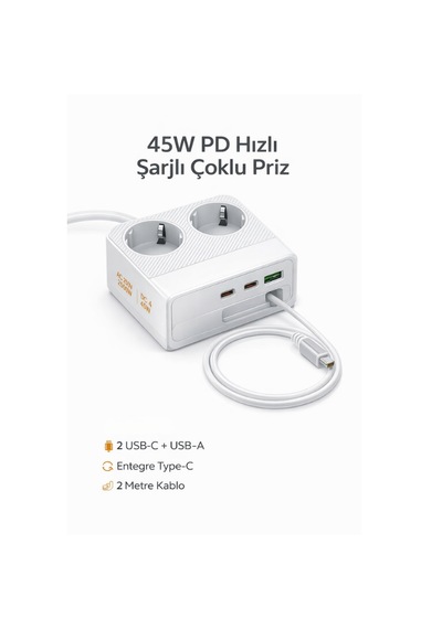 45w Pd Hızlı Şarjlı 2 Li Akım Korumalı Priz 2x Type-c + Usb-a 2500w Çoklu Şarj İstasyonu 1