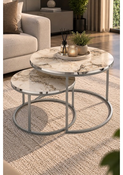 Sulorahome Gümüş Metal Ayaklı Mermer Desenli 2'li Orta Sehpa Seti Beyaz Mermer - Gümüş Metal Sulorahome Gümüş Metal Ayaklı Mermer Desenli 2'li Orta Sehpa Seti Beyaz Mermer - Gümüş Metal