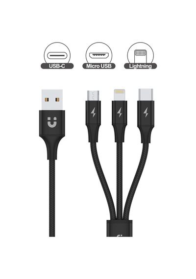 Premium Multi 3'ü 1 Arada Usb Şarj Kablosu, Evrensel, Çoklu Şarj Cihazı Kablosu, Micro Usb/tip C/lightning 3a 1,2 M, İphone/android Akıllı Telefon İçin, Siyah.