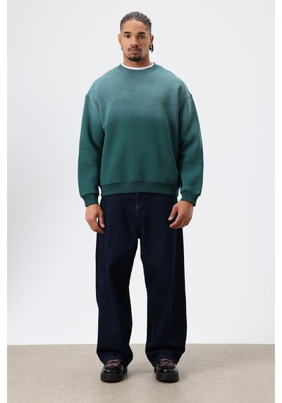 Vamos Yıkamalı Taş Detaylı Oversize Sweatshirt Nefti