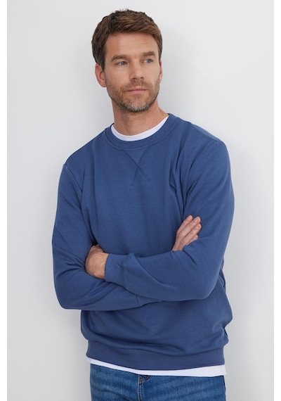 Tudors Unisex Relax Fit Rahat Kesim %100 Pamuk 3 İplik Basic İndigo Bisiklet Yaka Sweatshirt-35152 İndigo