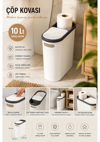 Porsima M-325 Çöp Kutusu Banyo Mutfak Çöp Kovası Kapaklı Banyo Çöp Kovası 10lt Beyaz
