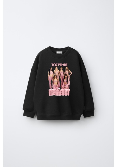 Fasardi Manifest Girls M6nifestgirls Baskılı Oversize Şardonsuz Uzun Kollu Kız Çocuk Sweatshirt Siyah
