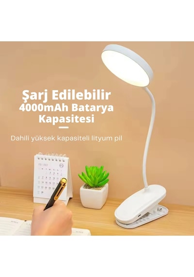 Shopytech Klipsli Led Masa Lambası Usb Şarjlı 3 Kademeli Dokunmatik Göz Yormaz Işık 4000 Mah Çok Renkli