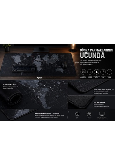 Dünya Haritası Desenli Oyuncu Mouse Pad Kaymaz Taban 70x30