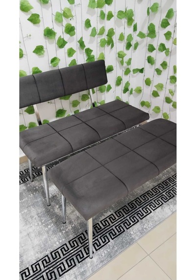 Özcan Metal Krom Metal Ayaklı Bench Sırtlı Mutfak Salon Antre Yatak Odası Puf Bank Oturak Takımı Gri
