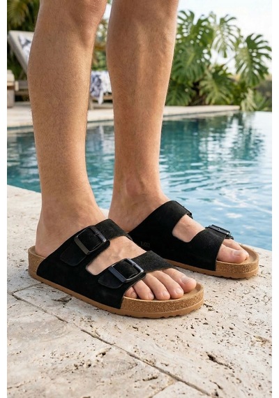 Rungo Comfort Çift Bantlı Nubuk Unisex Terlik Günlük Sahil Plaj Terliği Siyah