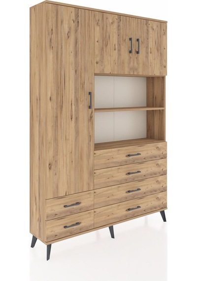 Arges Dolap 8 Raflı 6 Çekmeceli 3 Kapaklı 132x30x195 Çam-çam/çam Çam