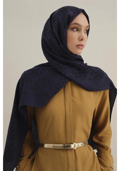 Armine Lyocell Naia Kare Monogram Şal 6 Açık Lacivert