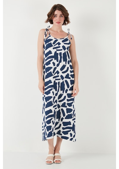 Lela Desenli Midi Boy Oversize Fit Bağlamalı Ip Askılı Bisiklet Yaka Bayan Elbise 5869009 Indigo