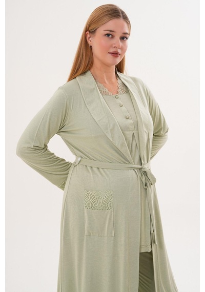Mecit Pijama Mecit 6330 Yeşil Sabahlıklı Lohusa Pijama Takımı