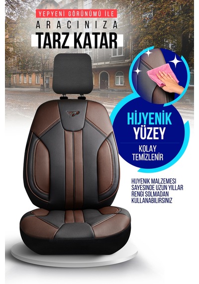 Siyah - Kahve Panda Carlone Serisi Ful Deri Oto Koltuk Kılıfı - Tam Set