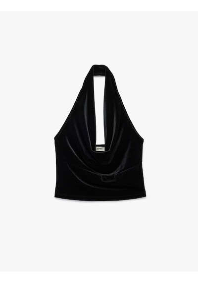 Koton Slim Fit Kadife Degaje Yaka Kolsuz Crop Bluz Siyah 7wal30002ık