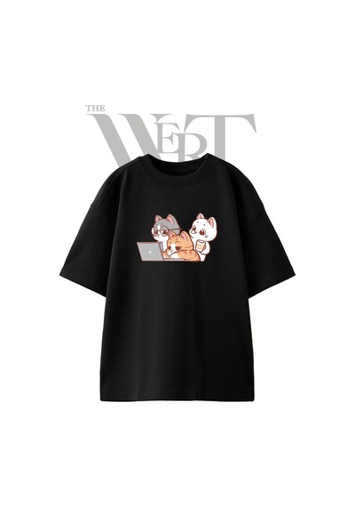 Thewert Cizgi Kediler Tasarım Baskılı Ünisex Siyah Oversize T-shirt