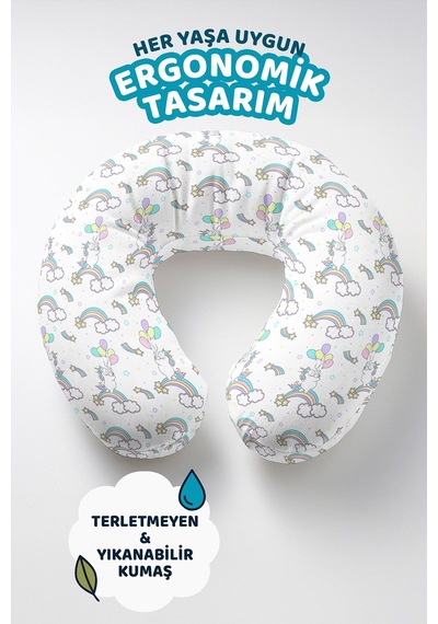 Unicorn Gökkuşağı Desenli Boyun Yastığı - Pastel Renkli Bulut Temalı Seyahat Yastığı Yosunlu Açık Bej