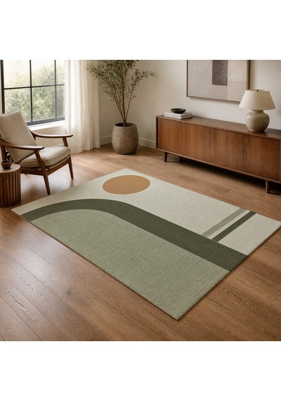 Kartela Halı Japandi Kemer Desenli Halı Adaçayı Yeşili Kaymaz Taban Makinede Yıkanabilir 120x180 Cm