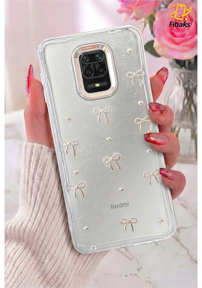 Fibaks Redmi Note 9 Pro/9s Uyumlu Kılıf Fiyonk Desenli Şeffaf Simli Gümüş Kamera Çıkıntılı Parlak Kapak