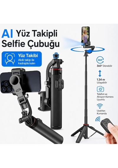 C22 Akıllı Yüz Takip Özellikli Kameralı Kumandalı Canlı Yayın Selfi Çubuğu Gimbal Tripod Siyah