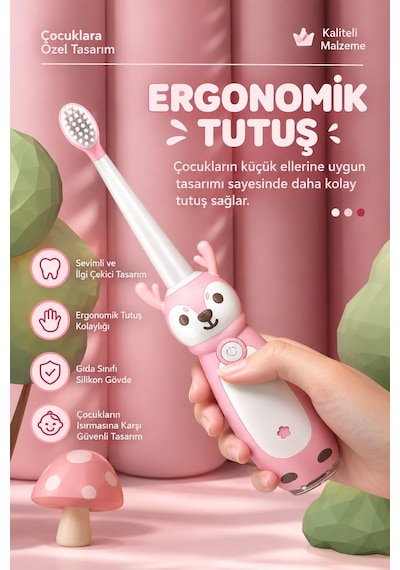 Exenar - Pembe - Çocuk Şarjlı Sonic Elektrikli Diş Fırçası 3 Akıllı Modlu Ipx7 Su Geçirmez Titreşimli Yumuşak Kıllı