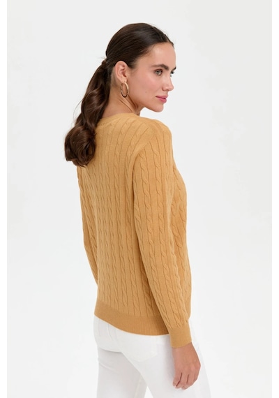Desen Triko Kadın Sıfır Yaka Saç Örgülü Kazak 3329 Camel Camel