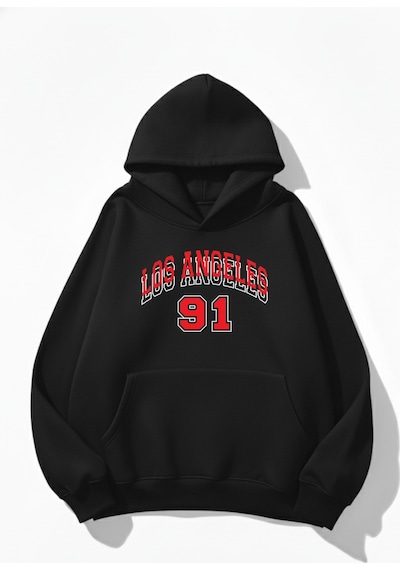 Uyguntarz Unisex Yumuşak Dokulu Los Angeles 91 Baskılı Tasarım Oversize 3 İplik Hoodie Sweatshirt siyah