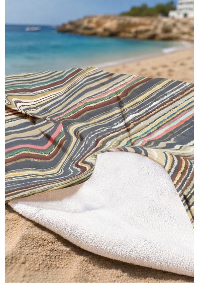 Çizgili Bohem Etnik Plaj Havlusu - Modern Akdeniz Stil Antrasit Bej Hızlı Kuruyan Mikrofiber Havlu Donuk Armut